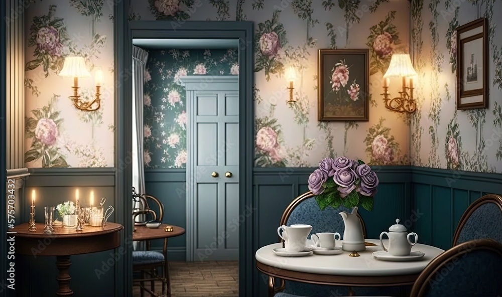Poster a room with a table and chairs and a vase with flowers on it. generative ai