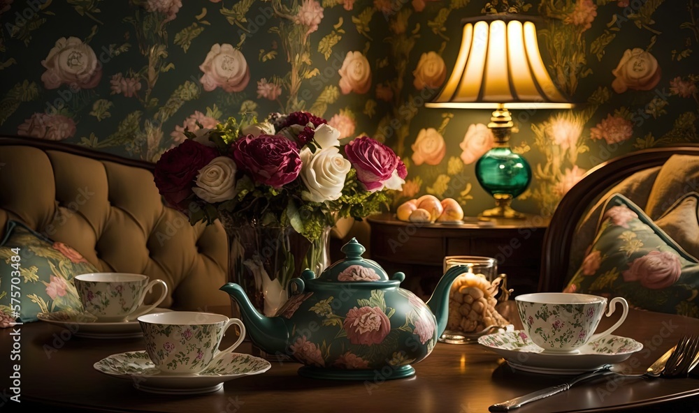 Poster  a table with a tea set and a vase of flowers on it.  generative ai