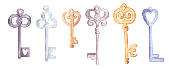Watercolor multicilored bronze silver gold metal old fashioned vintage style keys set on white background.Aquarelle design for print