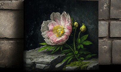  a painting of a pink flower on a stone wall next to a brick wall.  generative ai