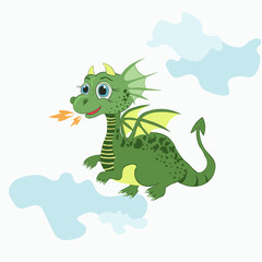 Vector illustration of  cute  green fairy dragon. Template for social media posts, stories, banners.Hand drawn animal, for kids, books, applications, covers, wallpapers, stickers, business cards