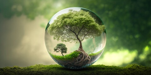 conceptual illustration of a tree in a glass bowl ecological concept, generative AI