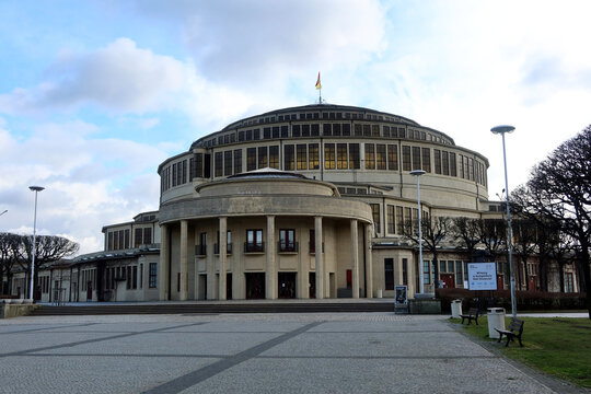Hala Stulecia or Centennial Hall - famous historic building use for exhibitions, concerts, performances, business events. Wroclaw, Poland - February 21, 2023