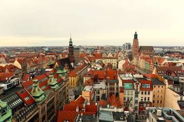 Fototapeta na wymiar Aerial view of Wroclaw city with Old Town buildings, Poland. Rooftop view
