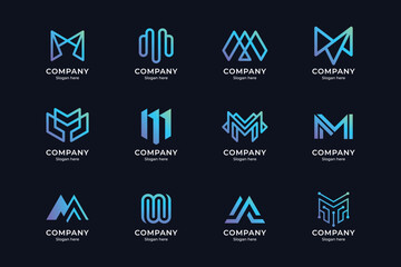 set of letter m logo and combination, with blue and purple gradient color style and dark blue background. suitable for business enterprises, technology, etc. - obrazy, fototapety, plakaty