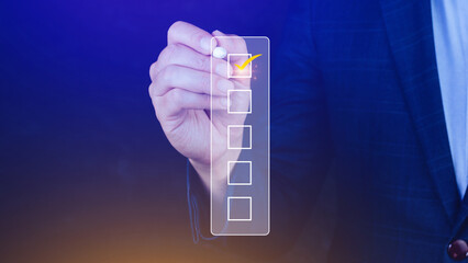 Businessman tick correct sign mark for document approve , project acceptance and quality assurance concept, take an assessment, questionnaire, evaluation, online survey online exam check list