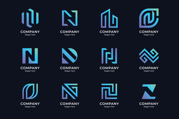 set of letter n logo and combination, with blue and purple gradient color style and dark blue background. suitable for business enterprises, technology, etc.