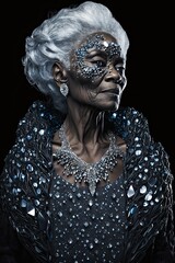 Confident black senior woman wearing a crystal dress and carnival mask, isolated mature queen portrait with black background, generative ai