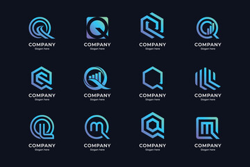 set of letter q logo and combination, with blue and purple gradient color style and dark blue background. suitable for business enterprises, technology, etc.
