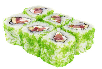 Tobiko Spicy Maki Sushi - Hot Roll with various type of Tobiko (flying fish roe) outside. Tuna, avocado and Green Lettuce inside