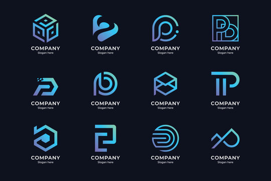 set of letter p logo and combination, with blue and purple gradient color style and dark blue background. suitable for business enterprises, technology, etc.