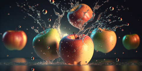 Several Apples Falling into Water - A Digital Illustration Depicting the Ripple Effect of Fruit Impact