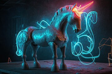 Fototapeta na wymiar On a neon lit background is a statue of a concrete unicorn wearing a virtual reality headset. Original thinking. Imaginary device based on technological principles. Generative AI