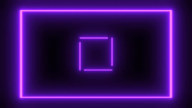 Abstract background with neon square shapes moving on camera with tunnel effect. Seamless loop 4K neon animation