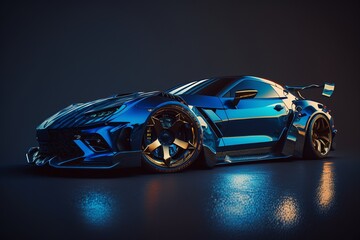 Cool blue generic sports car in a dark studio background illustrated with generative AI - obrazy, fototapety, plakaty