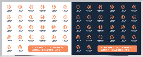 set of letter logo A to Z, in hexagon shape and orange color, can be used as logo or font