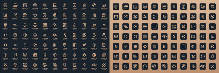 Mega logo collection letter E, with icon style and black background, Abstract design concept for branding with golden gradient.