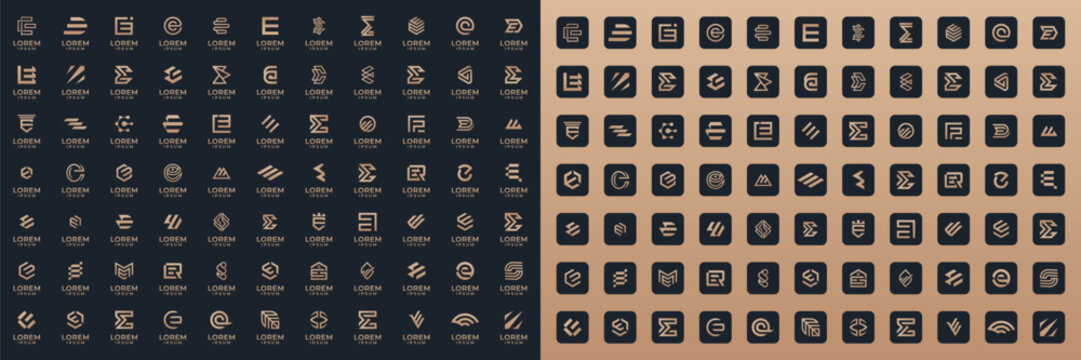 Mega logo collection letter E, with icon style and black background, Abstract design concept for branding with golden gradient.
