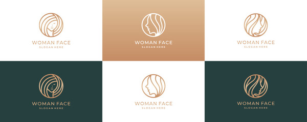 set of Beauty woman logo. SPA, Fashion, Makeup, Hairdressing girl Logotype concept icon linear style