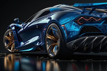 Obraz na płótnie Canvas Cool blue generic sports car in a dark studio background illustrated with generative AI