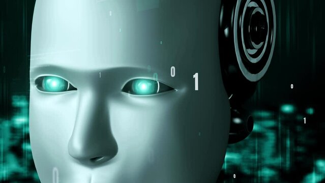 Futuristic robot artificial intelligence huminoid AI programming coding technology development and machine learning concept. Robotic bionic science research for future of human life. 3D rendering.