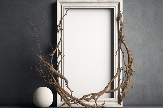Branches of tree roots frame an empty frame. AI generated