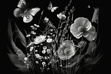 Butterflies flitting around a dark stone background with flower and stem notes. Listen to this summer's musical abstraction panorama. Generative AI