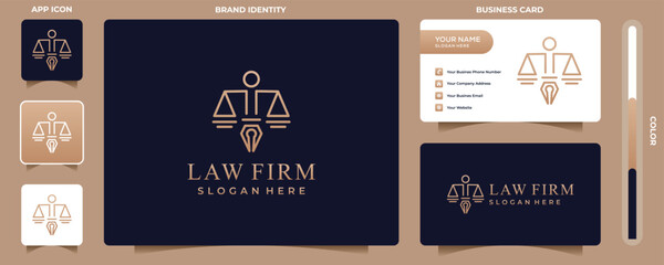 Pillar and fountain pen shaped logo for law firms. and business card layout, Vector illustration template.