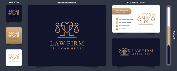 Law logo design concept vector with love style, lawyer, law firm, justice. with golden color style and business card template