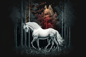 mature unicorn in the nighttime woods. Generative AI