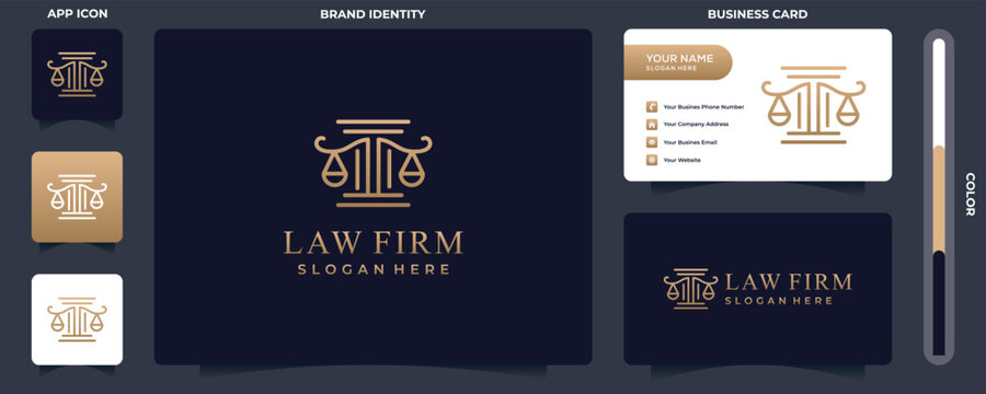 Lawyer logo with line art style and business card design template. gold, firm, law, icon justice, business card, Premium Vector