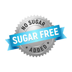 Silver and blue ribbon badge sugar free. Rubber stamp no sugar added. Design elements for labels, stickers, banners, posters for food and health business. Vector illustration.