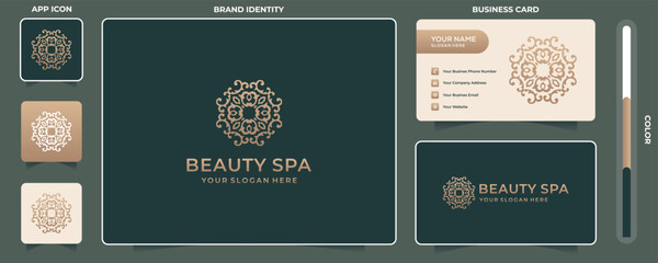 Feminine beauty salon and spa line art monogram shape logo. golden, icon and business card template