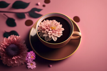 Obraz na płótnie Canvas A cup of coffee on a pink background with flowers. Generative AI