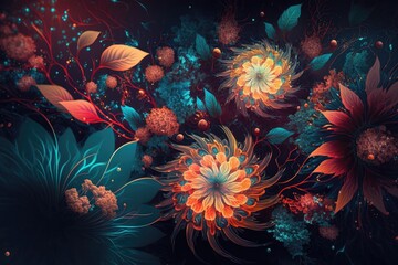 Fototapeta na wymiar Fantasy luminous flowers beautiful floral background. Generative AI