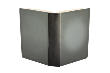 An open hardback book with a gray cover.
