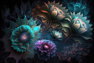Obraz premium Fantasy luminous flowers beautiful floral background. Generative AI