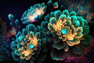 Naklejka na ściany i meble Fantasy luminous flowers beautiful floral background. Generative AI