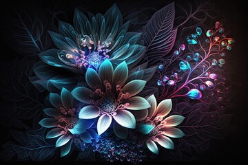 Fantasy luminous flowers beautiful floral background. Generative AI