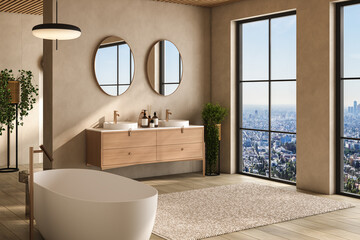 Beige bathroom interior with double sink and mirror, carpet on hardwood floor, bathtub, plants. Bathing accessories and window in hotel studio. 3D rendering
