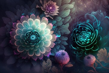Obraz premium Fantasy luminous flowers beautiful floral background. Generative AI