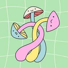 Three dancing mushrooms cartoon character. Groovy sticker in trendy retro style. Nostalgia for the 90s.