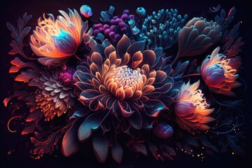 Fototapeta na wymiar Fantasy luminous flowers beautiful floral background. Generative AI