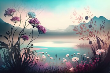 Obraz na płótnie Canvas Fantasy landscape with flowers for background. Generative AI