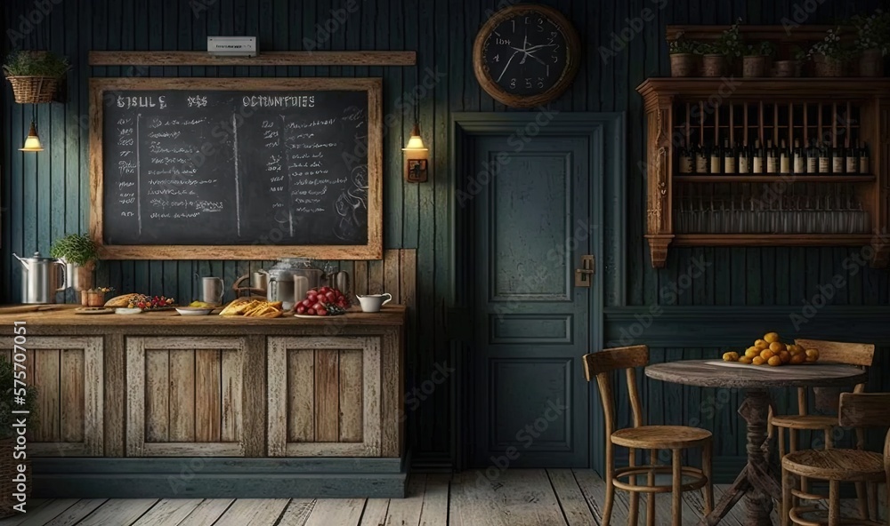 Aufkleber a kitchen with a chalkboard and a table with chairs. generative ai