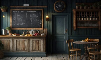  a kitchen with a chalkboard and a table with chairs.  generative ai
