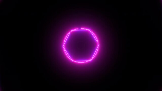 Abstract background with neon hexagon and circle shapes moving on camera with tunnel effect. Seamless loop 4K neon animation