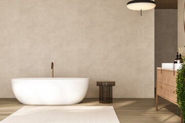 Obraz na płótnie Canvas Beige bathroom interior with double sink and mirror, carpet on hardwood floor, bathtub, plants. Bathing accessories in hotel studio. 3D rendering