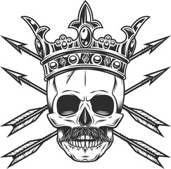 Skull with mustache in and vintage hunting arrow in monochrome style with design element for label or sign and emblem isolated illustration