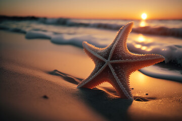 Naklejka na ściany i meble starfish on the beach at sunset, ia generativa